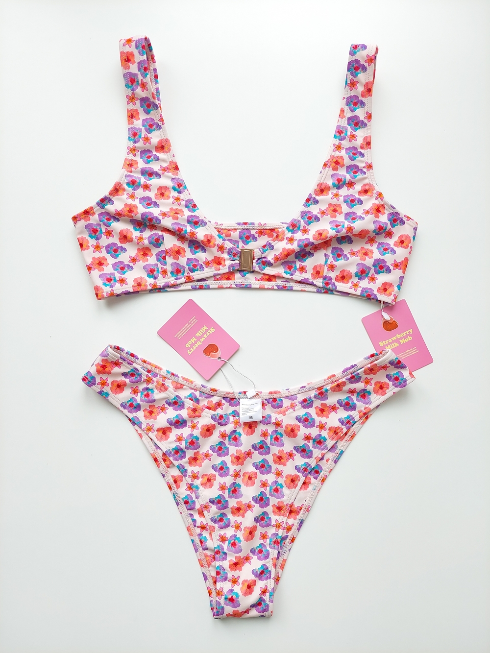 Strawberry Milk Mob Flower Dance  Bikini Set Top+Bottom Pink Multi Floral Print